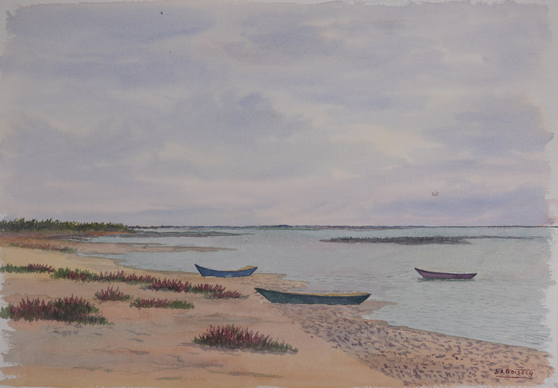 Salomon Alfred BOISECQ : Les petites barques à marée basse, Aquarelle originale signée