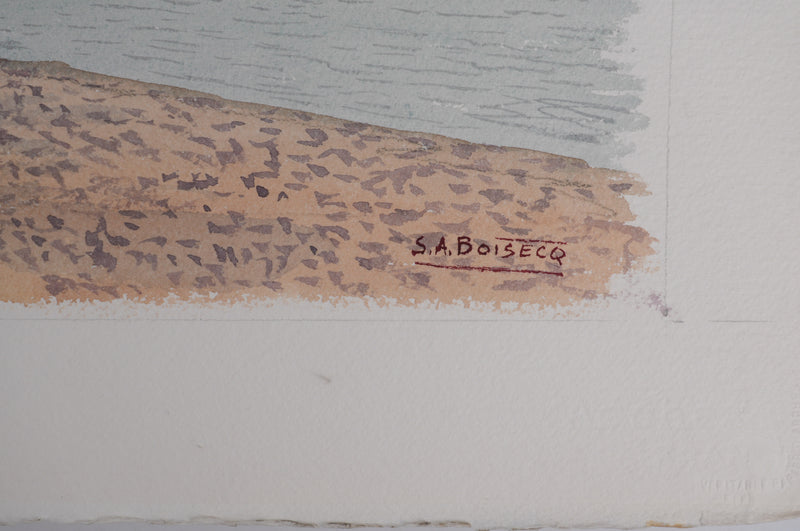 Salomon Alfred BOISECQ : Les petites barques à marée basse, Aquarelle originale signée
