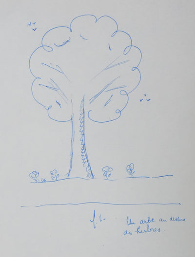 Guy LE CLEC'H : Un arbre au dessus des herbes, Autographe et dessin original signé