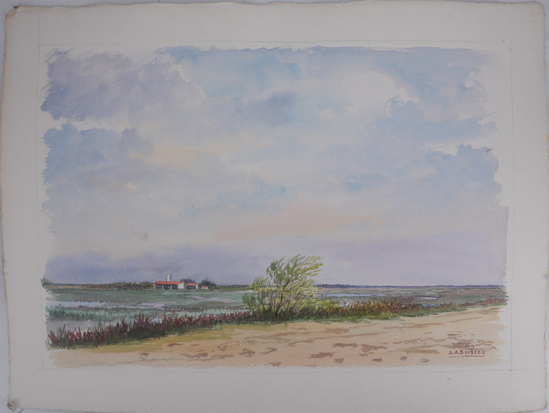 Salomon Alfred BOISECQ : La maison dans le marais, Aquarelle originale signée