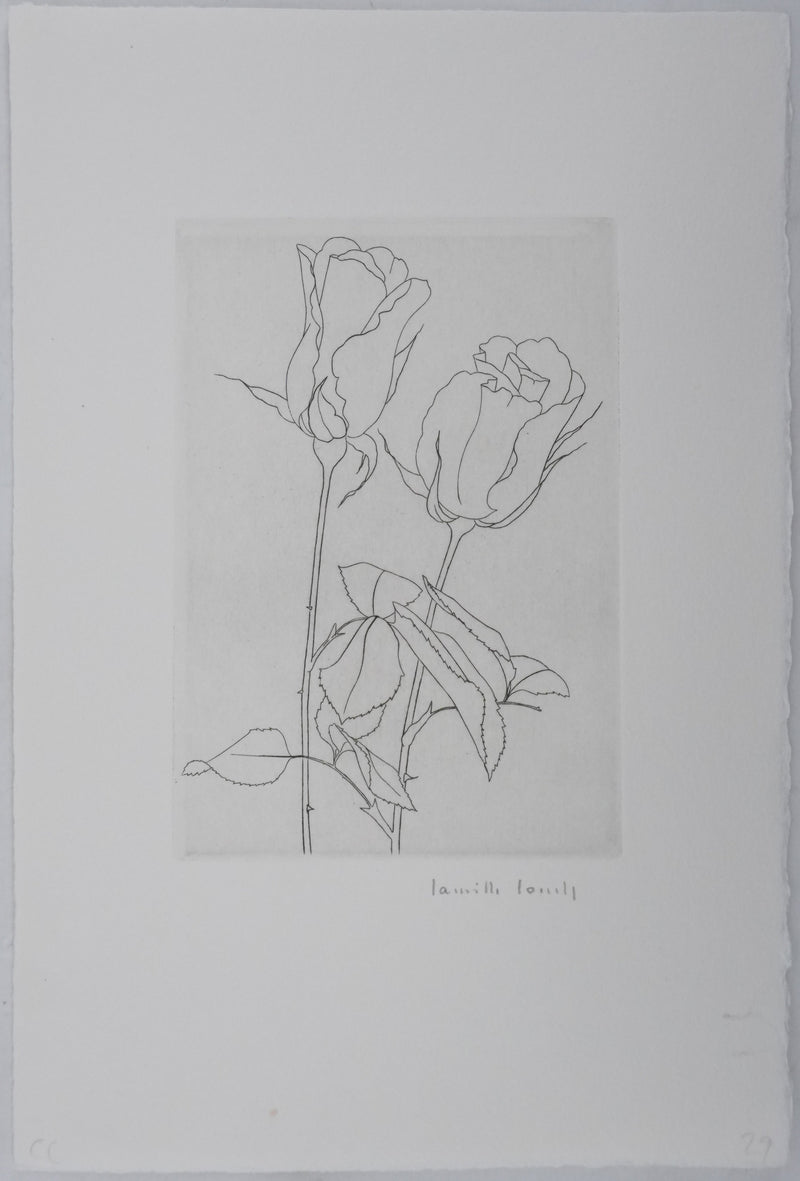 Camille COMBE : Deux roses, Gravure originale signée