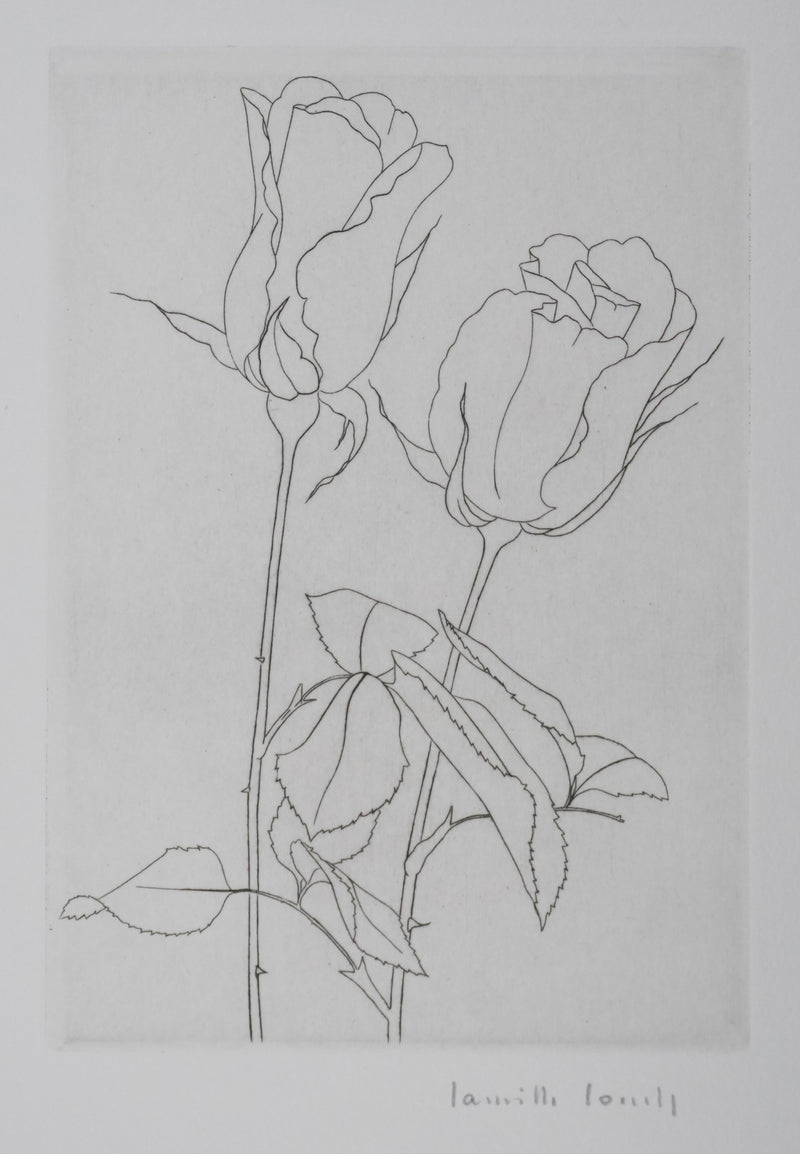 Camille COMBE : Deux roses, Gravure originale signée
