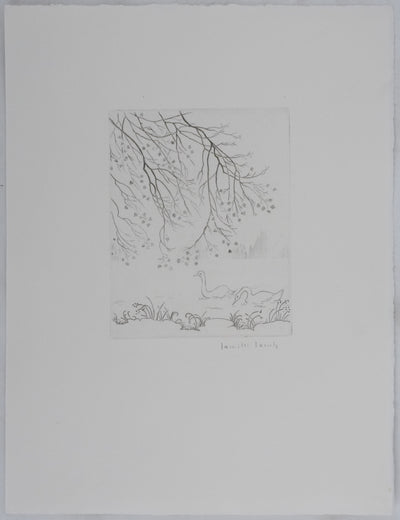 Camille COMBE : Cygnes sur le lac, Gravure originale signée