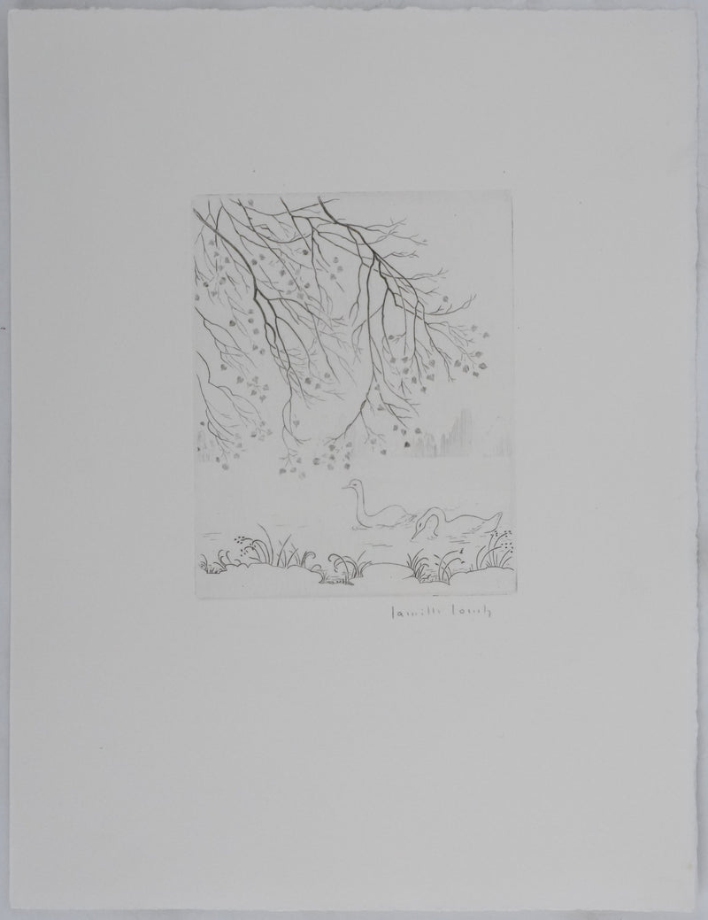 Camille COMBE : Cygnes sur le lac, Gravure originale signée