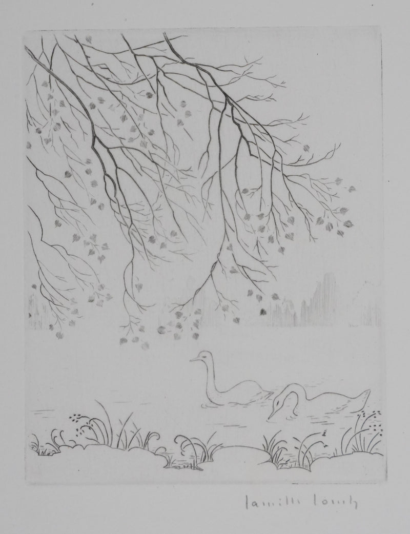 Camille COMBE : Cygnes sur le lac, Gravure originale signée