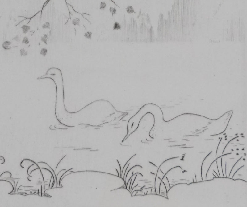 Camille COMBE : Cygnes sur le lac, Gravure originale signée