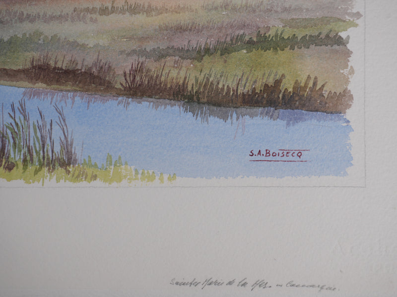 Salomon Alfred BOISECQ : Les Saintes-Maries-de-la-Mer, Aquarelle originale signée