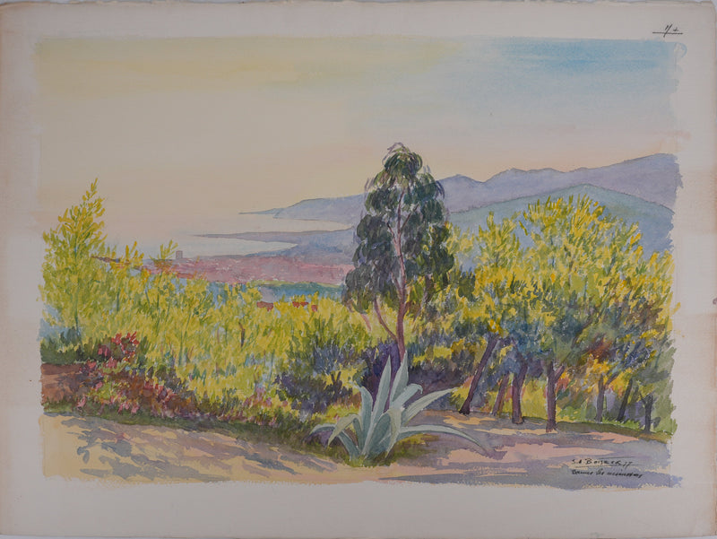 Salomon Alfred BOISECQ : Couché de soleil à Borme-les-Mimosas, Aquarelle originale signée