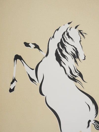 Mokuchu URUSHIBARA : Estampe japonaise, Cheval ruant (crème), Lithographie signée