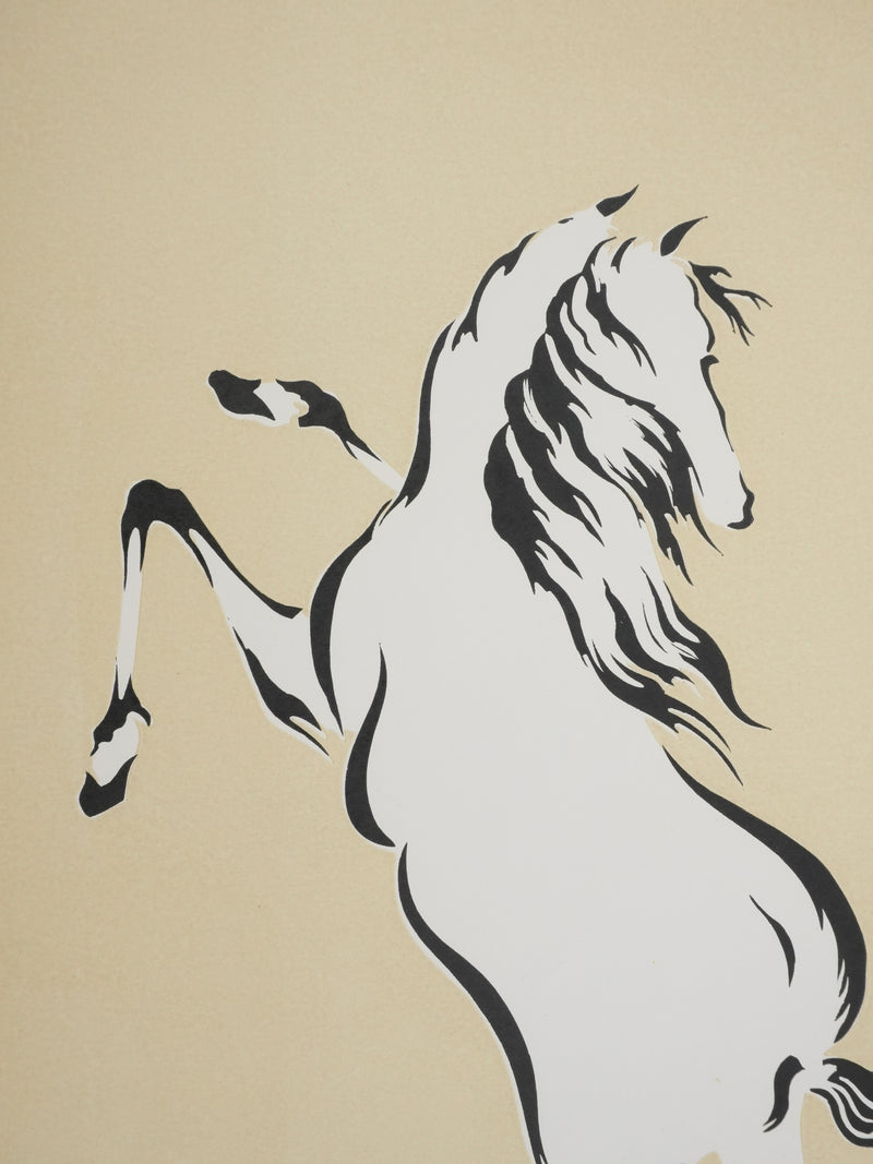 Mokuchu URUSHIBARA : Estampe japonaise, Cheval ruant (crème), Lithographie signée