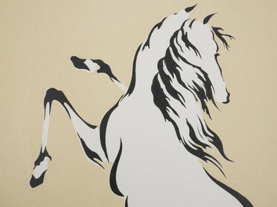 Mokuchu URUSHIBARA : Estampe japonaise, Cheval ruant (crème), Lithographie signée