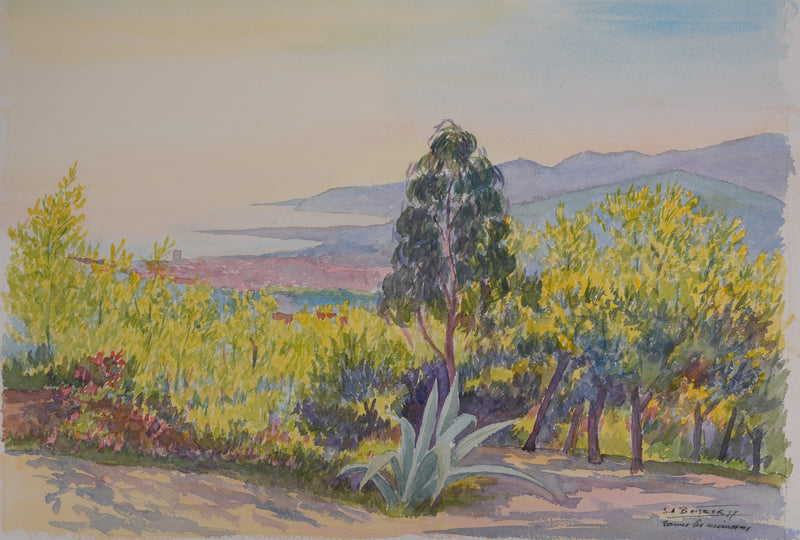 Salomon Alfred BOISECQ : Couché de soleil à Borme-les-Mimosas, Aquarelle originale signée