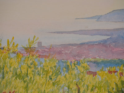 Salomon Alfred BOISECQ : Couché de soleil à Borme-les-Mimosas, Aquarelle originale signée