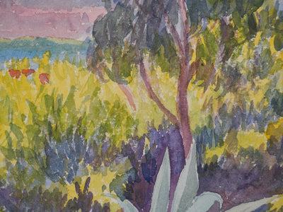 Salomon Alfred BOISECQ : Couché de soleil à Borme-les-Mimosas, Aquarelle originale signée