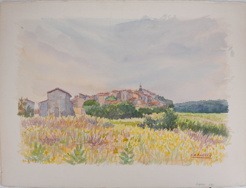 Salomon Alfred BOISECQ : Village varois au couché de soleil, Aquarelle originale signée