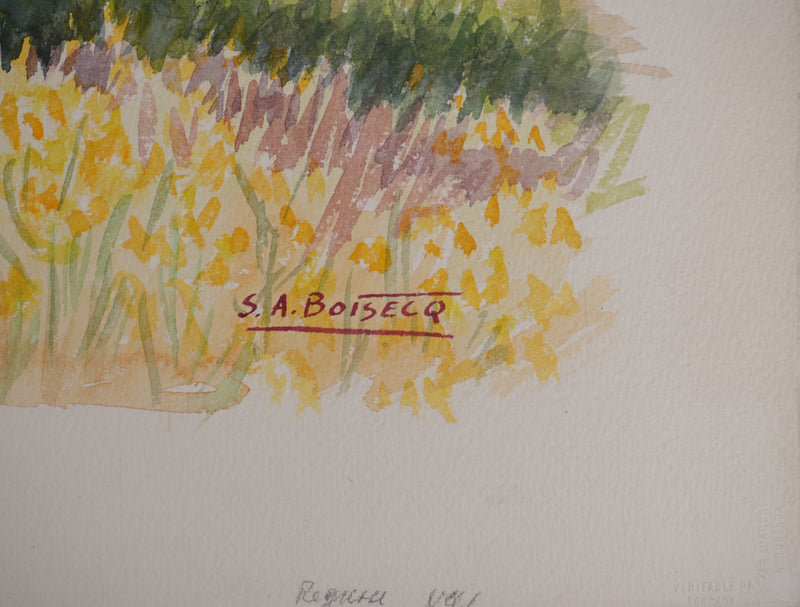 Salomon Alfred BOISECQ : Village varois au couché de soleil, Aquarelle originale signée