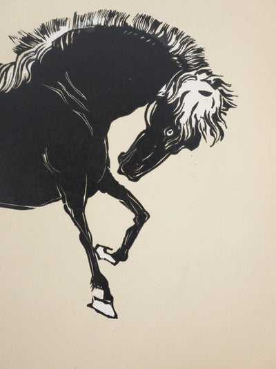 Mokuchu URUSHIBARA : Estampe japonaise, Cheval faisant la révérence (crème), Lithographie signée