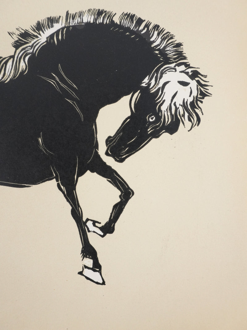 Mokuchu URUSHIBARA : Estampe japonaise, Cheval faisant la révérence (crème), Lithographie signée