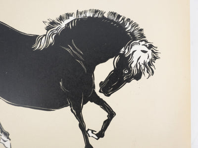 Mokuchu URUSHIBARA : Estampe japonaise, Cheval faisant la révérence (crème), Lithographie signée