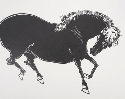 Mokuchu URUSHIBARA : Estampe japonaise, Cheval faisant la révérence, Lithographie signée