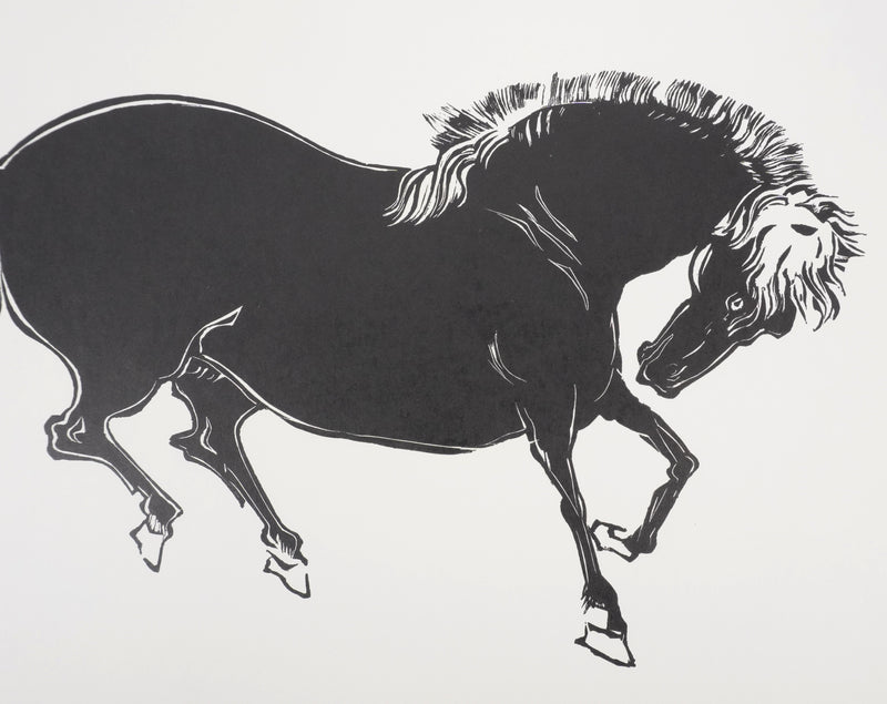 Mokuchu URUSHIBARA : Estampe japonaise, Cheval faisant la révérence, Lithographie signée