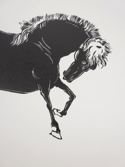 Mokuchu URUSHIBARA : Estampe japonaise, Cheval faisant la révérence, Lithographie signée