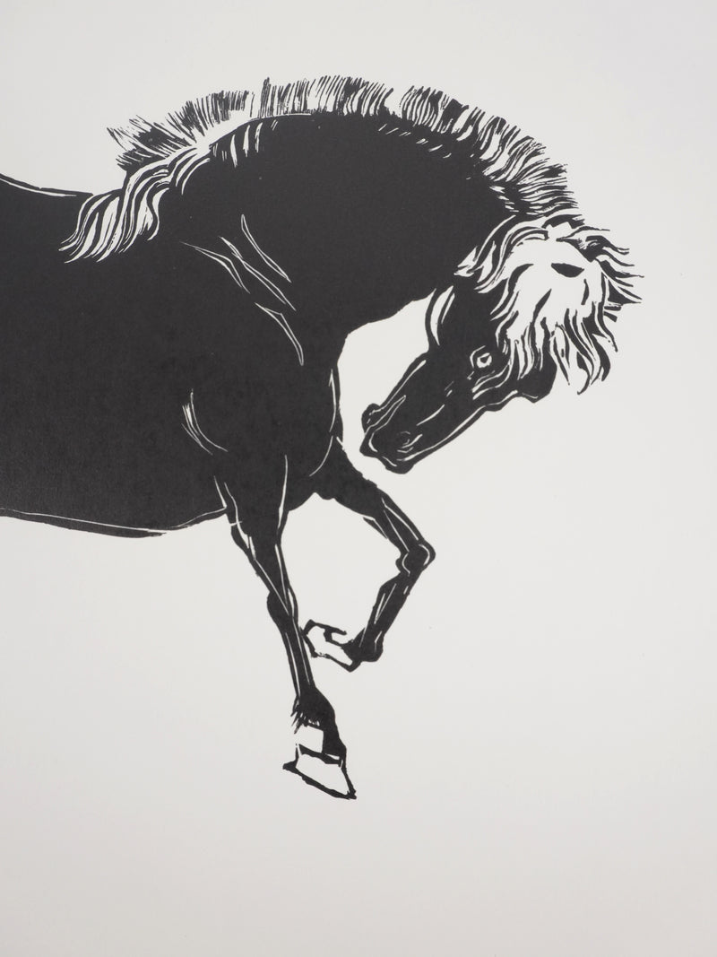 Mokuchu URUSHIBARA : Estampe japonaise, Cheval faisant la révérence, Lithographie signée
