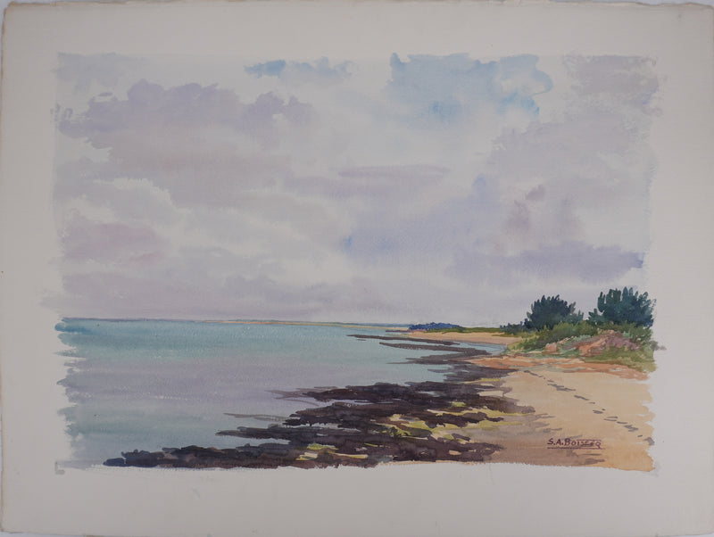 Salomon Alfred BOISECQ : La plage aux roches, Aquarelle originale signée