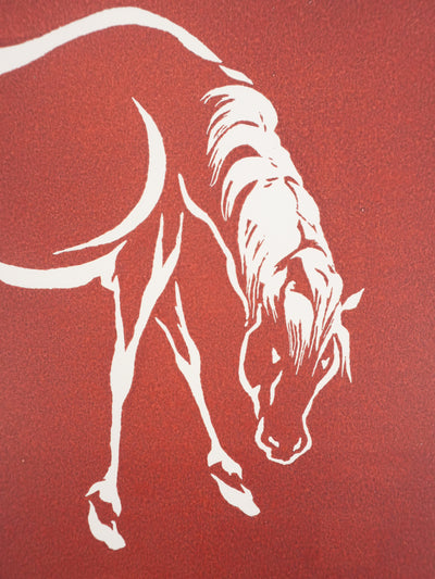 Mokuchu URUSHIBARA : Estampe japonaise,  Cheval dans un champ (rouge), Lithographie signée