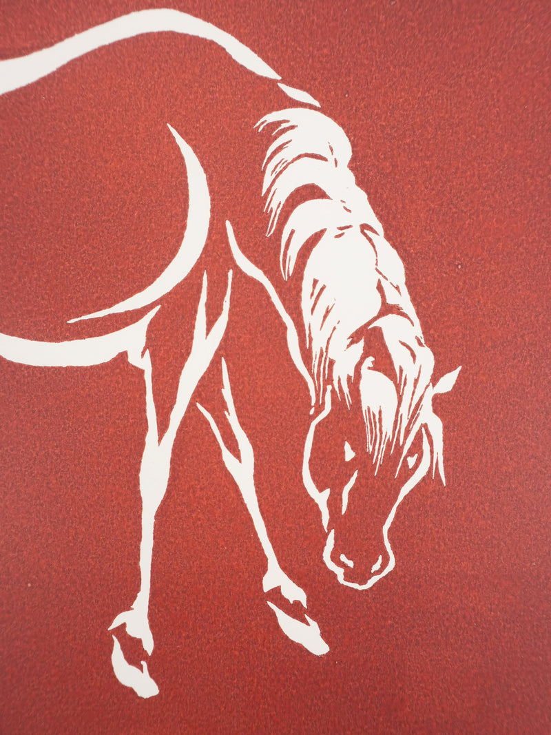 Mokuchu URUSHIBARA : Estampe japonaise,  Cheval dans un champ (rouge), Lithographie signée
