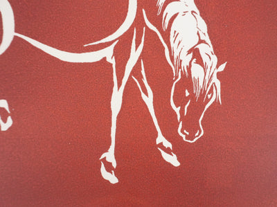 Mokuchu URUSHIBARA : Estampe japonaise,  Cheval dans un champ (rouge), Lithographie signée