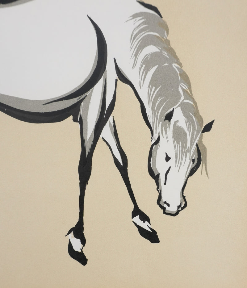 Mokuchu URUSHIBARA : Estampe japonaise,  Cheval dans un champ (crème), Lithographie signée