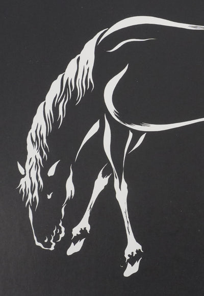 Mokuchu URUSHIBARA : Estampe japonaise,  Cheval buvant (noir), Lithographie signée