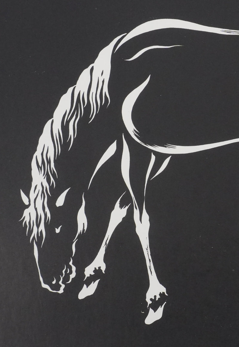 Mokuchu URUSHIBARA : Estampe japonaise,  Cheval buvant (noir), Lithographie signée