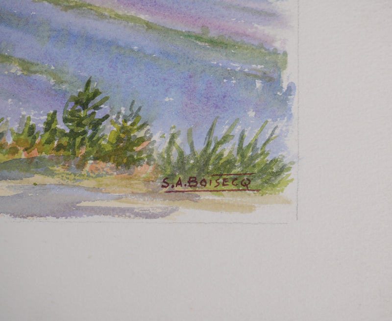 Salomon Alfred BOISECQ : Le champs de lavande, Aquarelle originale signée