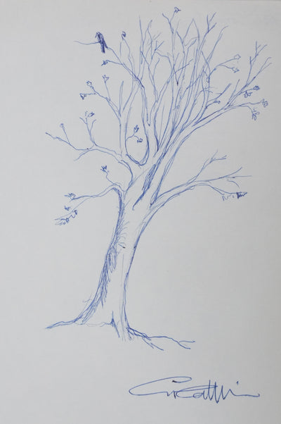 Charles COMBALUZIER : L'oiseau en haut de l'arbre bleu, Autographe et dessin original signé