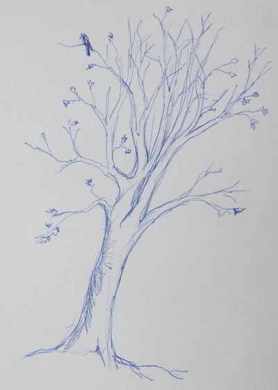 Charles COMBALUZIER : L'oiseau en haut de l'arbre bleu, Autographe et dessin original signé