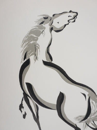 Mokuchu URUSHIBARA : Estampe japonaise, Cheval hennissant, Lithographie signée