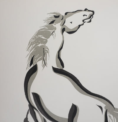 Mokuchu URUSHIBARA : Estampe japonaise, Cheval hennissant, Lithographie signée