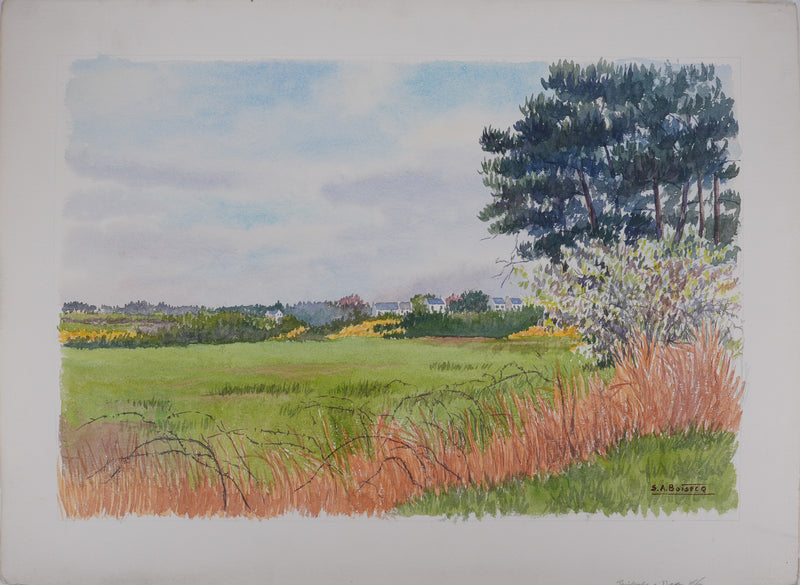 Salomon Alfred BOISECQ : Champs en Bretagne, Aquarelle originale signée