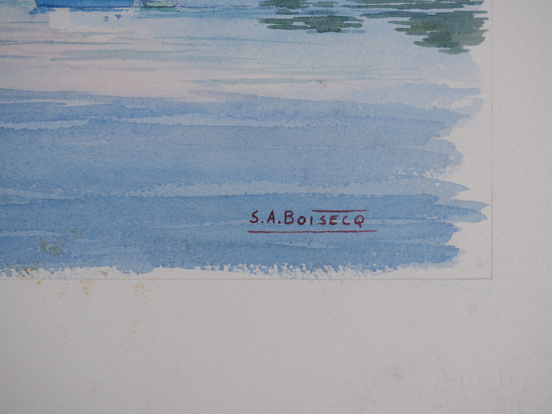 Salomon Alfred BOISECQ : Les petits bateaux de pêche, Aquarelle originale signée