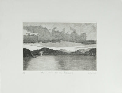 Camille COMBE : Ecosse, Crépuscule sur les Hébrides, Gravure originale signée