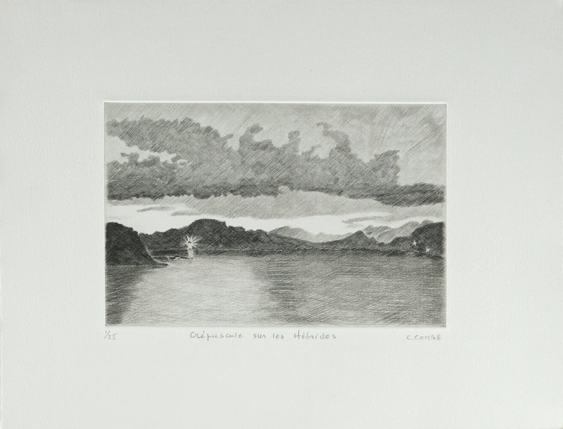 Camille COMBE : Ecosse, Crépuscule sur les Hébrides, Gravure originale signée