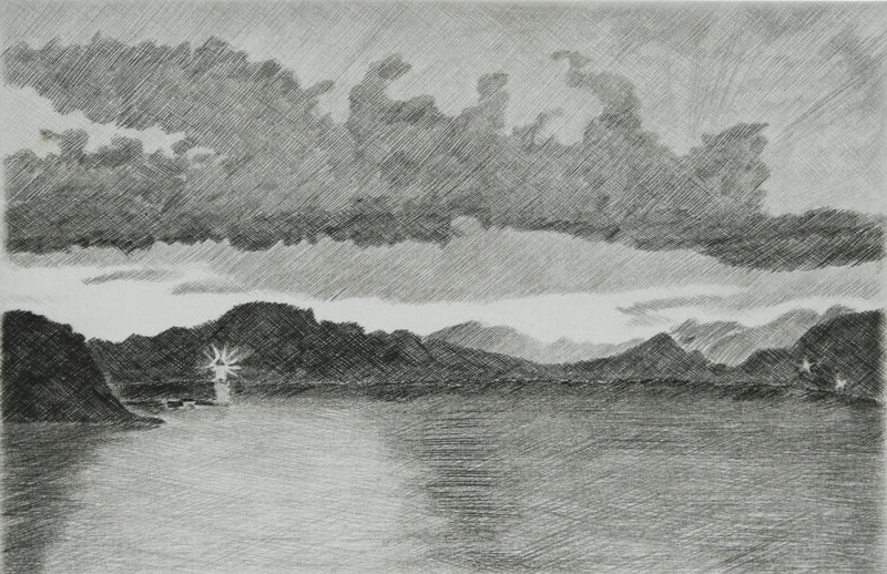 Camille COMBE : Ecosse, Crépuscule sur les Hébrides, Gravure originale signée