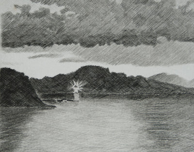 Camille COMBE : Ecosse, Crépuscule sur les Hébrides, Gravure originale signée