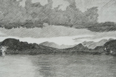 Camille COMBE : Ecosse, Crépuscule sur les Hébrides, Gravure originale signée