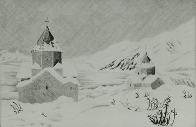 Camille COMBE : Arménie, Neige d'avril sur le lac Sévan, Gravure originale signée