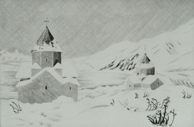 Camille COMBE : Arménie, Neige d'avril sur le lac Sévan, Gravure originale signée