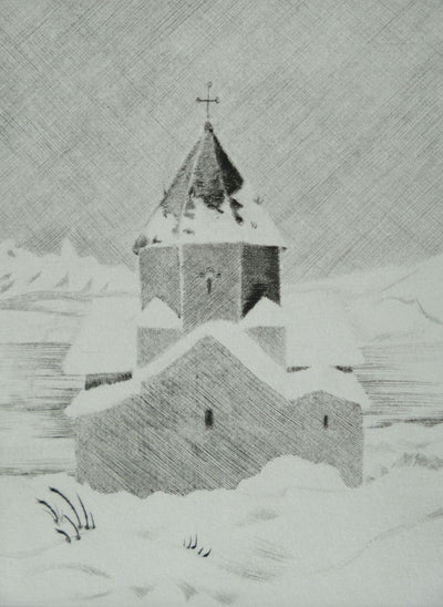Camille COMBE : Arménie, Neige d'avril sur le lac Sévan, Gravure originale signée