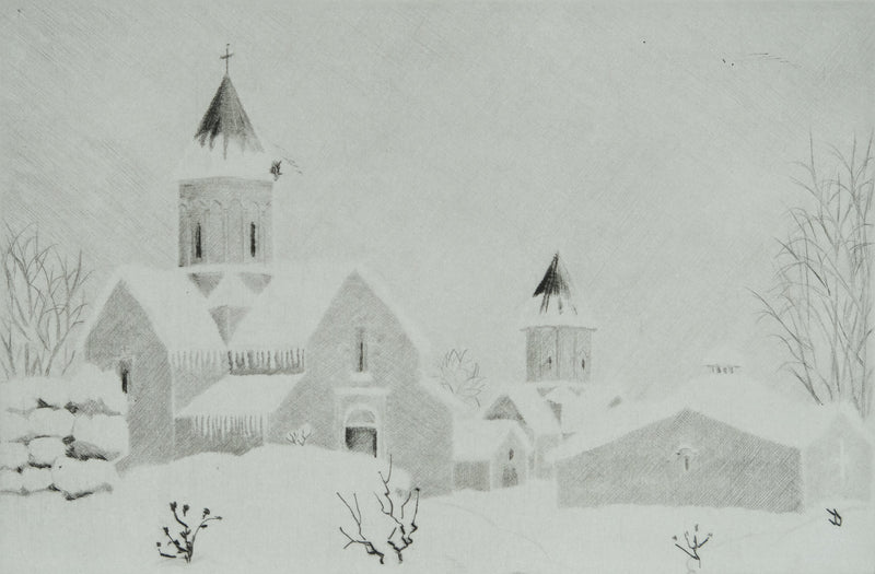 Camille COMBE : Arménie, Il neige à Haghartsin, Gravure originale signée